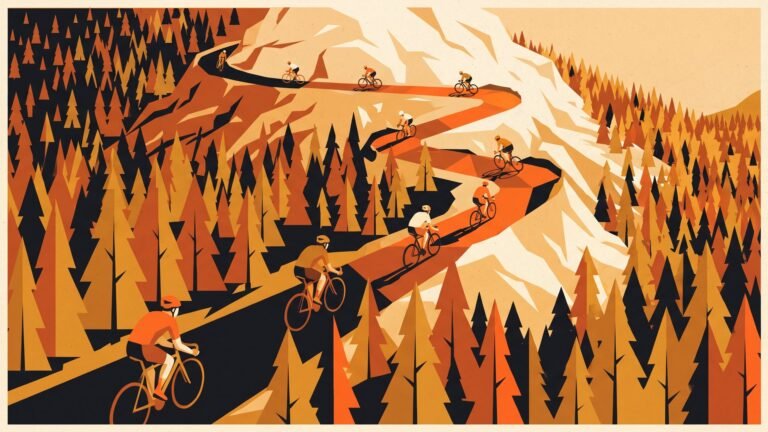 Illustration: riders climbing a switchback mountain road