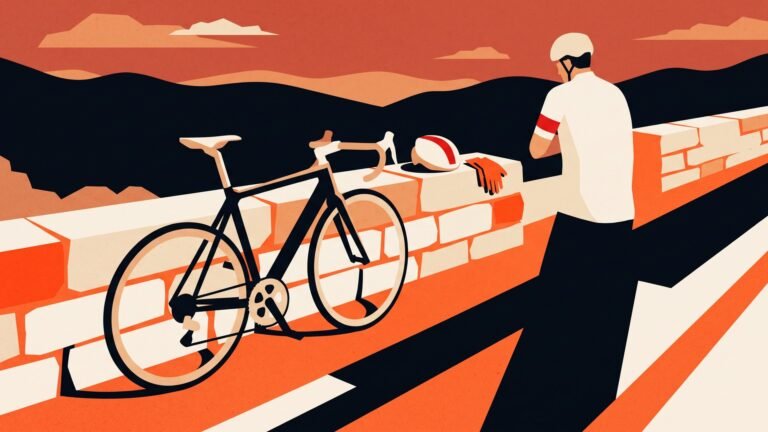 Illustration: a road bike resting against a wall by an empty road