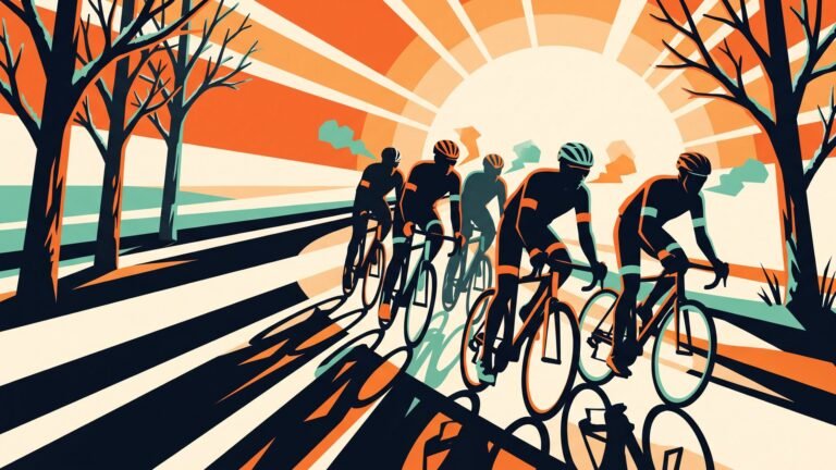 Illustration: a group of amateur riders on a country road at sunrise