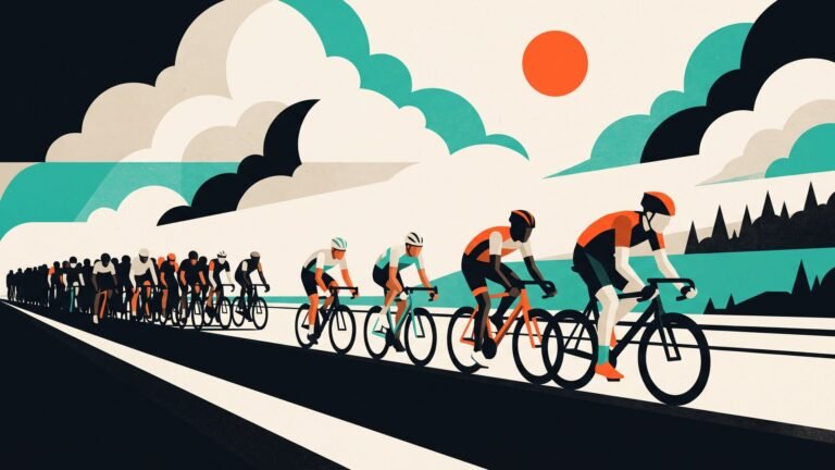 Illustration: the peloton on a rolling country road