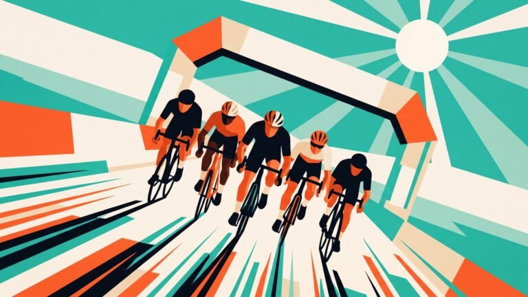 Illustration: riders in a bunch sprint towards a finish arch