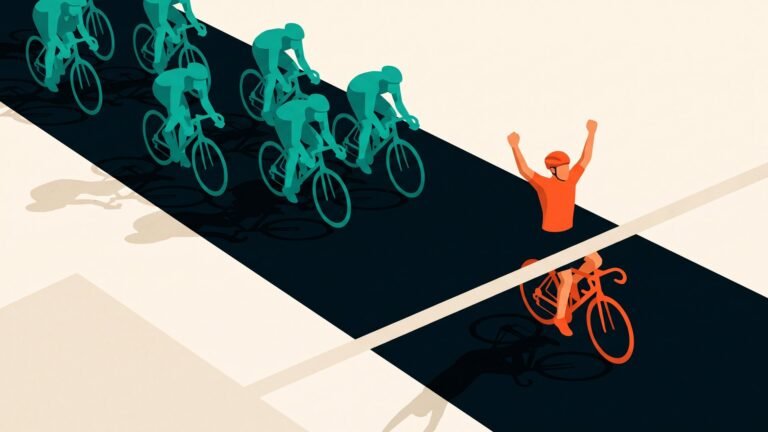 Illustration: three riders on a podium