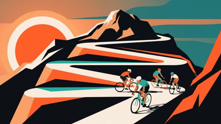Illustration: riders climbing a switchback mountain road