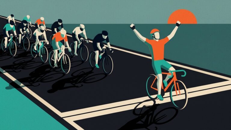 Illustration: three riders on a podium