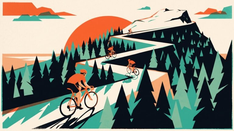 Illustration: riders climbing a switchback mountain road