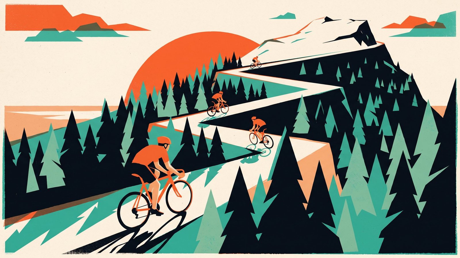 Illustration: riders climbing a switchback mountain road