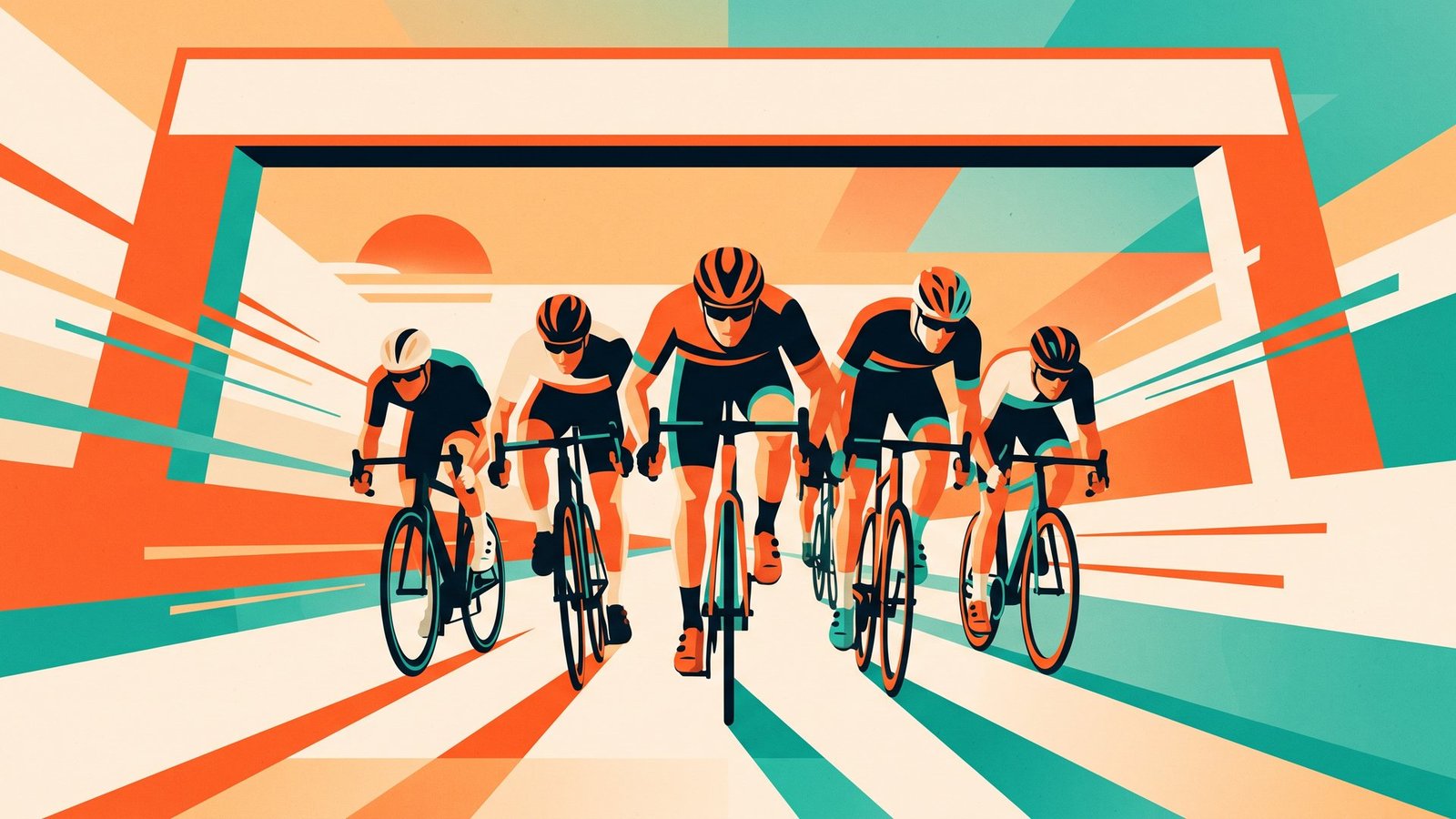 Illustration: riders in a bunch sprint towards a finish arch