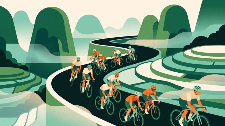 Illustration: riders on a road between tall green hills