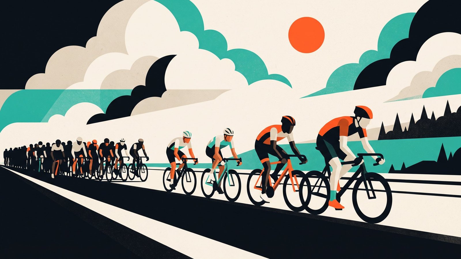Illustration: the peloton on a rolling country road
