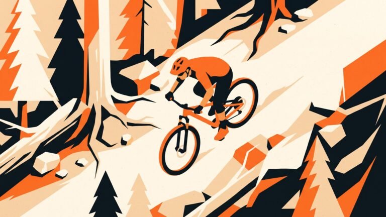Illustration: a mountain biker on a rocky forest trail
