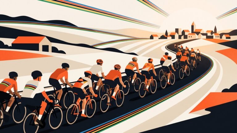Illustration: the peloton on a rolling country road