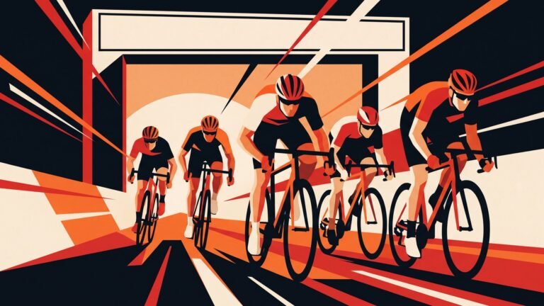 Illustration: riders in a bunch sprint towards a finish arch