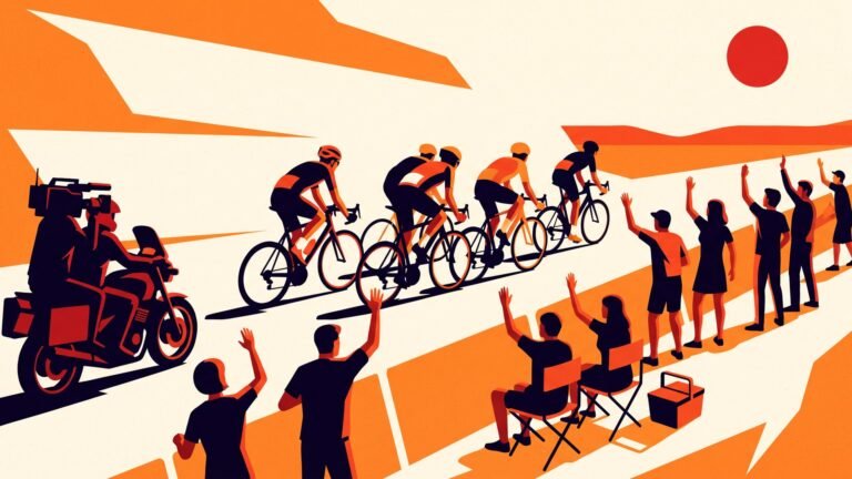 Illustration: fans along a barrier as riders pass