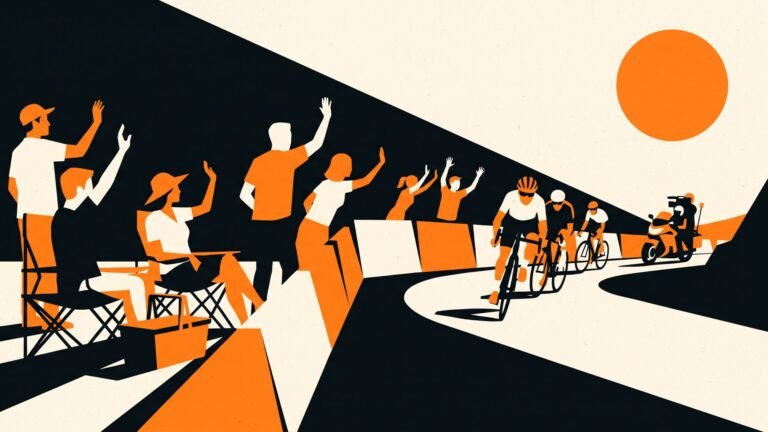 Illustration: fans along a barrier as riders pass