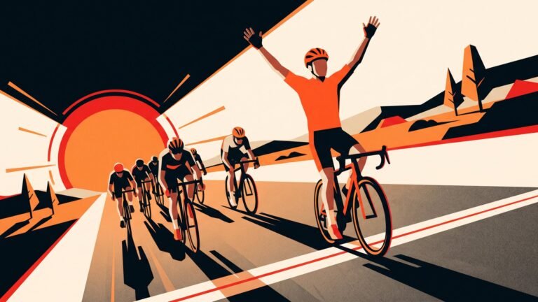 Illustration: three riders on a podium
